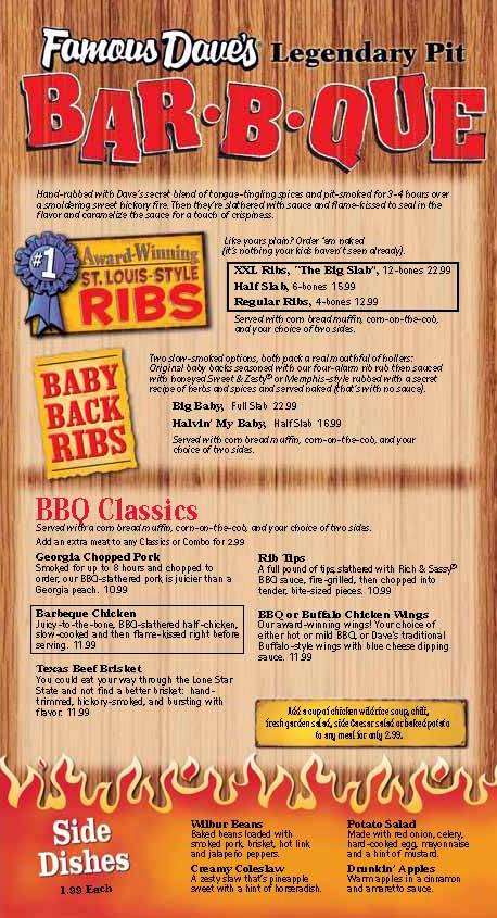 Menu at Famous Dave's restaurant, Woodbridge