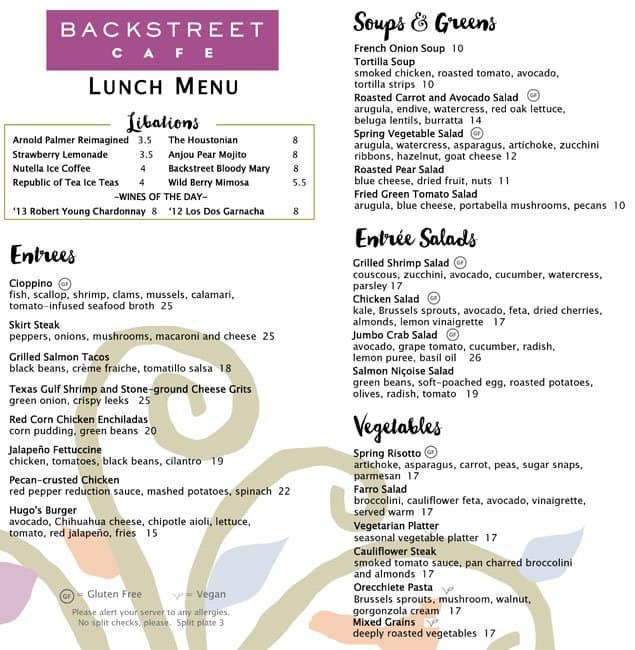 Menu at Backstreet Cafe, Houston