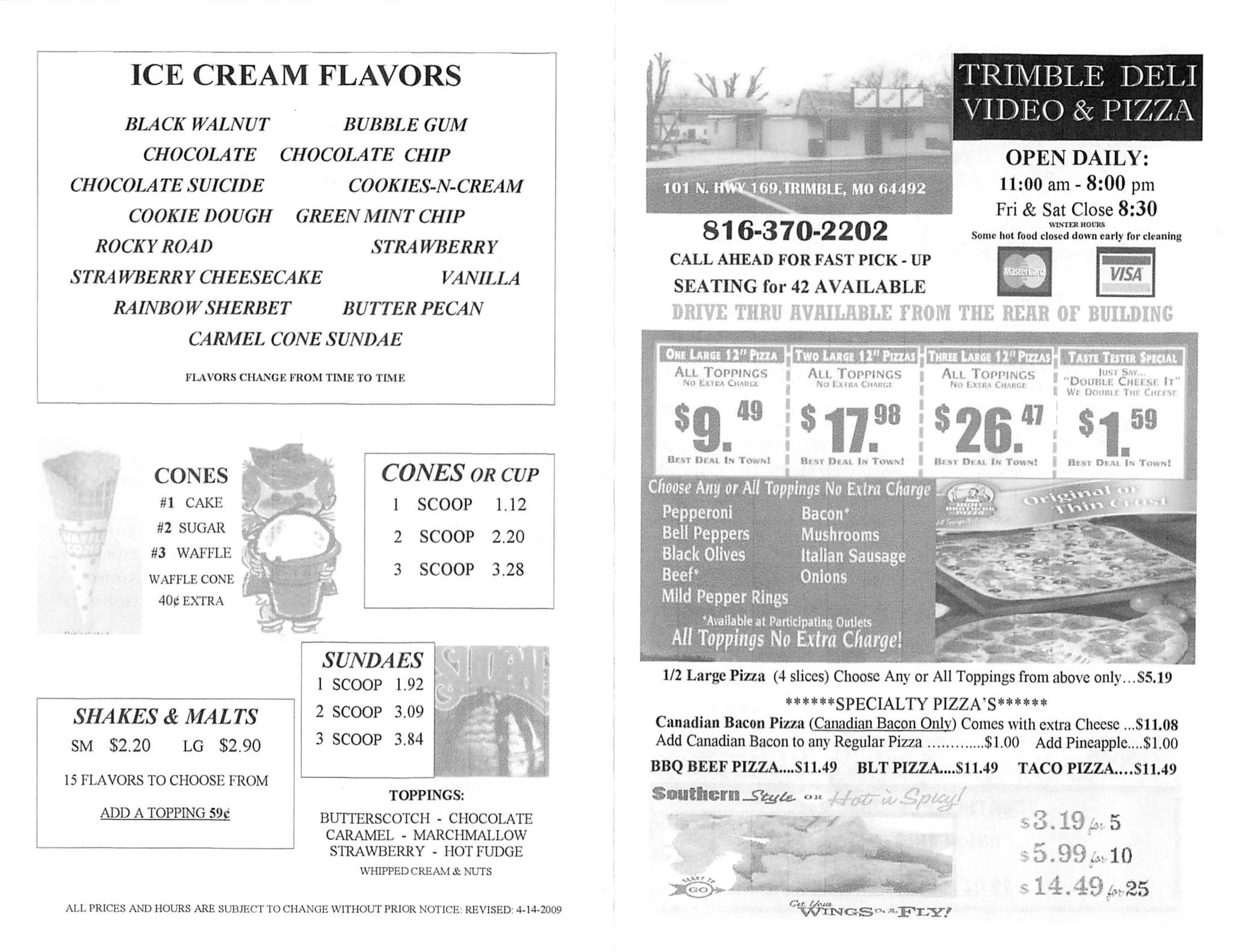 Trimble DeliPizzaVideo menu, Menu restauracji Trimble DeliPizza