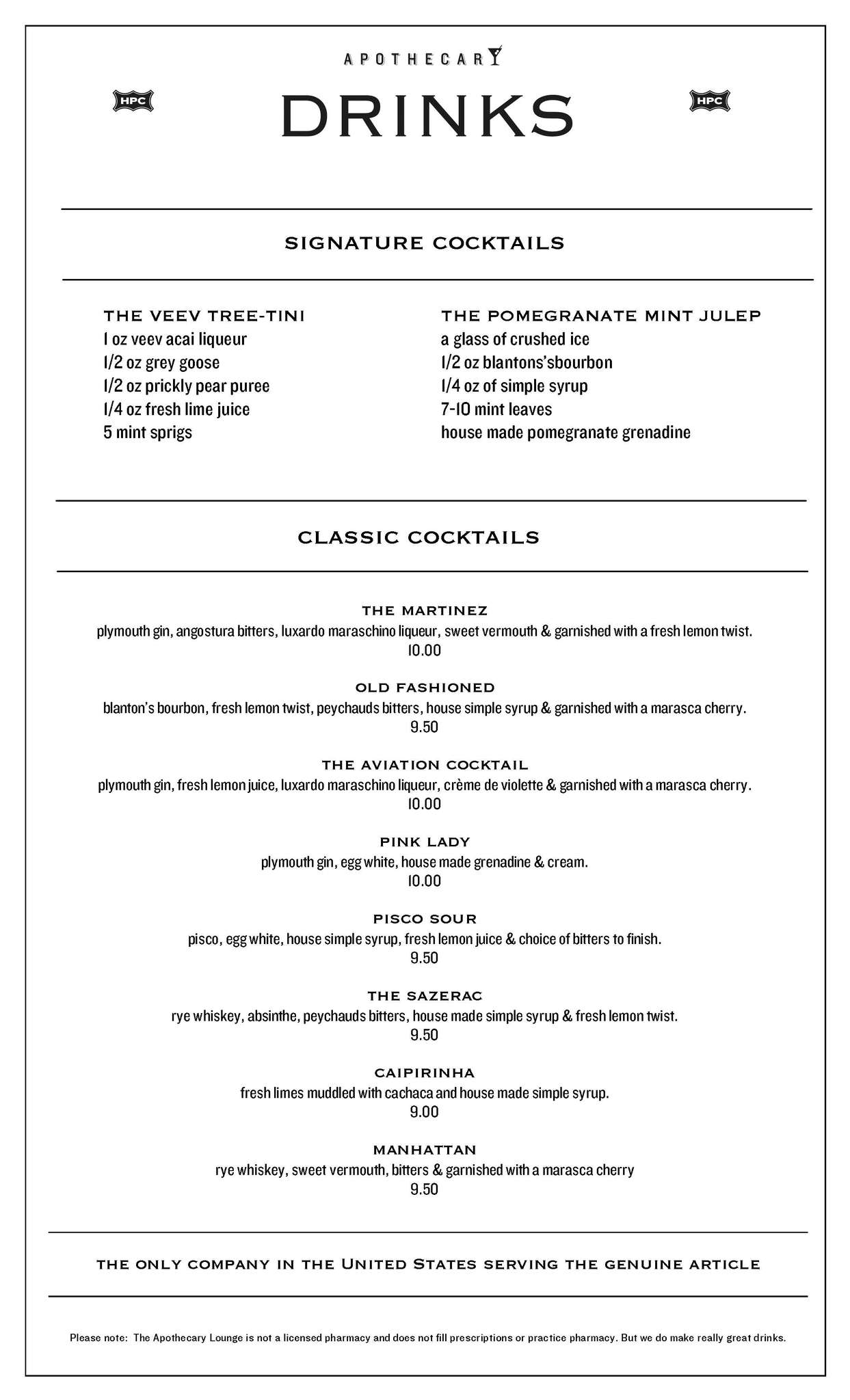 Menu at Apothecary Lounge pub & bar, Albuquerque