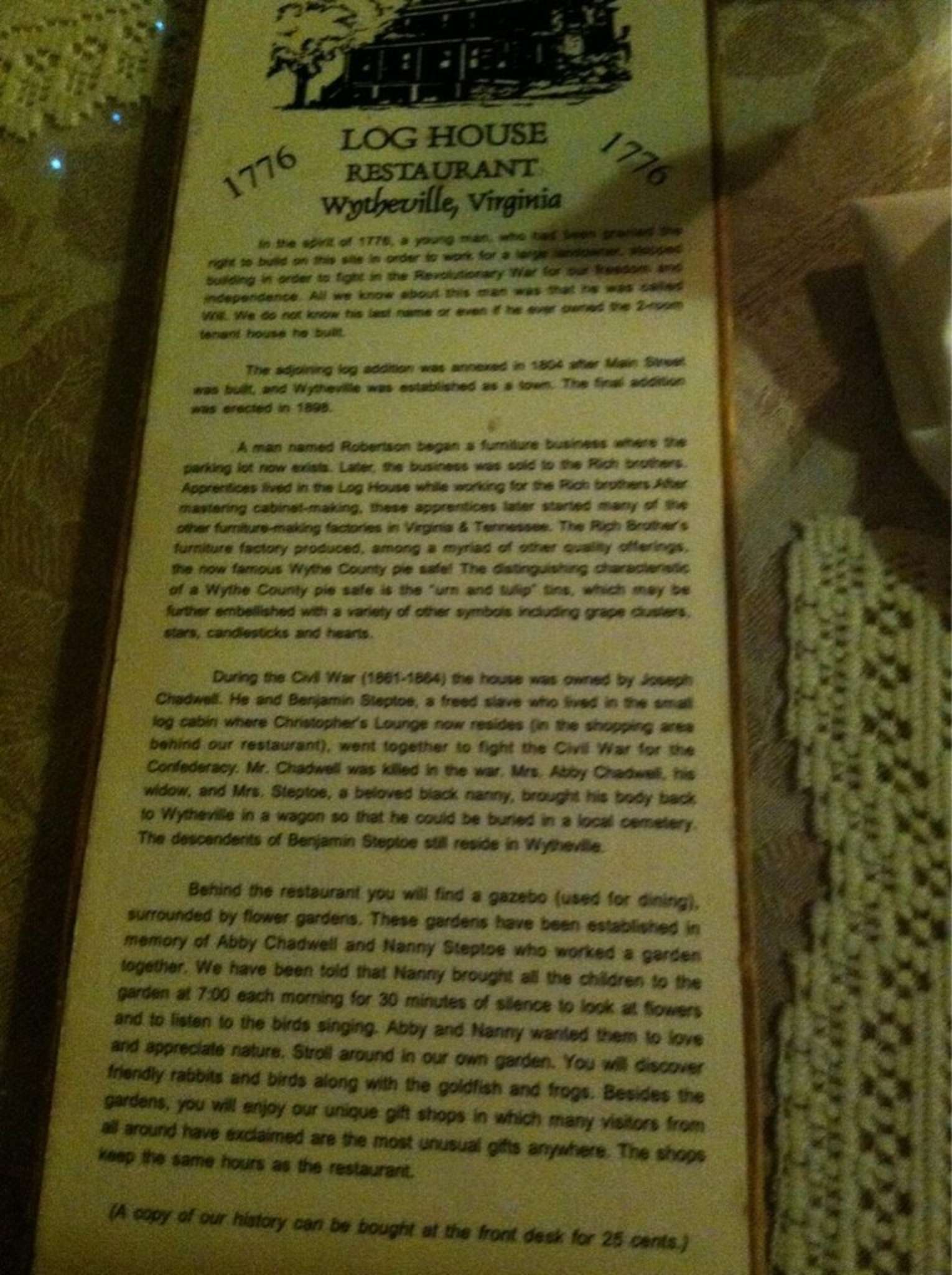 Menu at Log House 1776 Restaurant, Wytheville