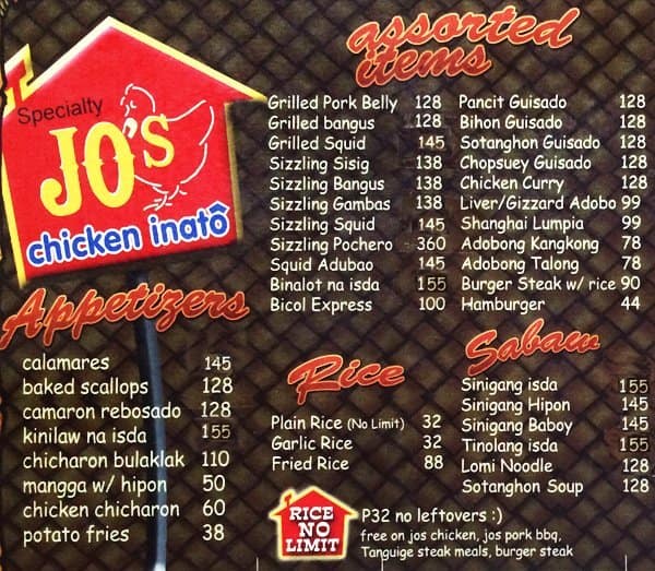Jo's Chicken Inato Menu, Menu for Jo's Chicken Inato, Minglanilla, Cebu