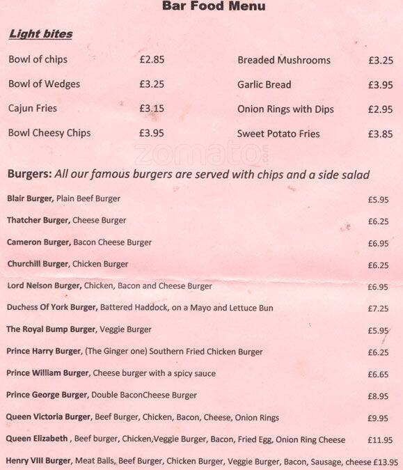 The Prince Menu, Menu for The Prince Watford, London