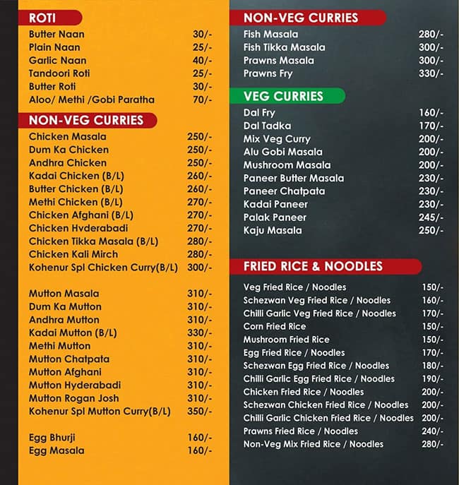 Menu of Kohenur Restaurant, Kondapur, Hyderabad