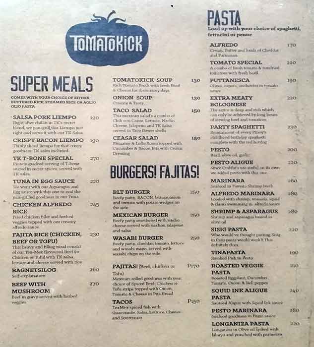 Tomato Kick Menu, Menu for Tomato Kick, Teachers Village, Quezon City