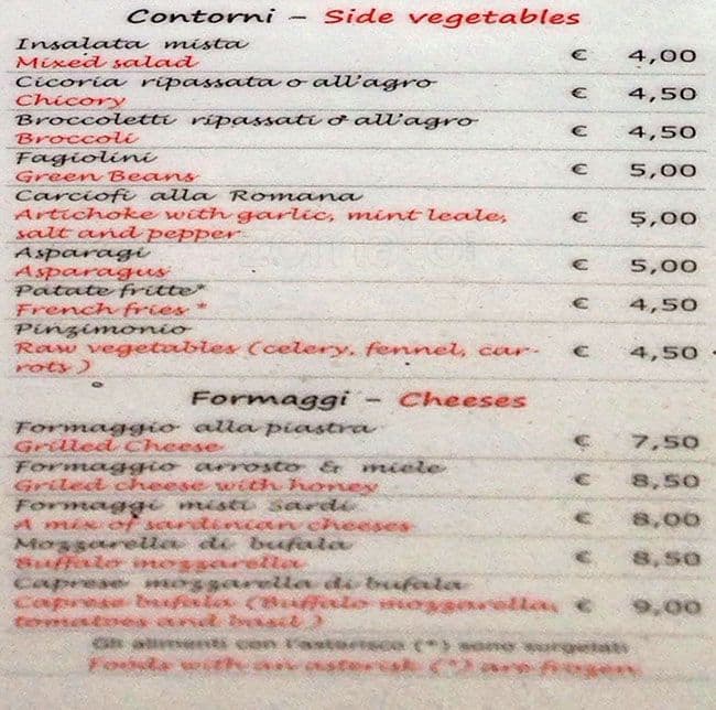 Menu at Isola dei Sardi Due restaurant, Rome