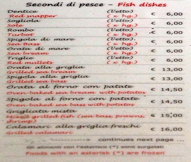 Menu at Isola dei Sardi Due restaurant, Rome
