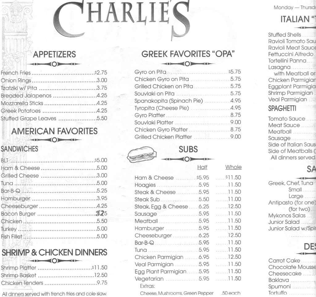 Menu at Charlie's Family Restaurant, Fort Washington
