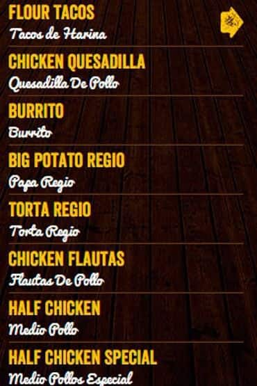 Menu At Pollo Regio Restaurant Dallas Buckner Blvd