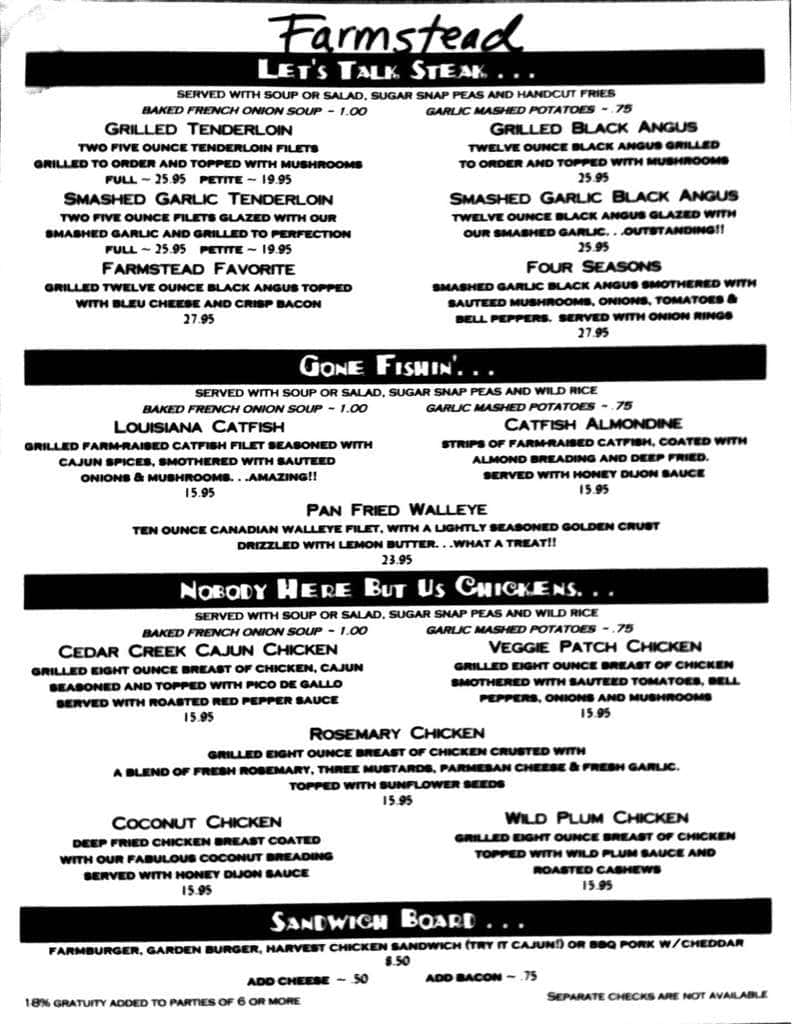 Menu at The Farmstead steakhouse, Cedarburg