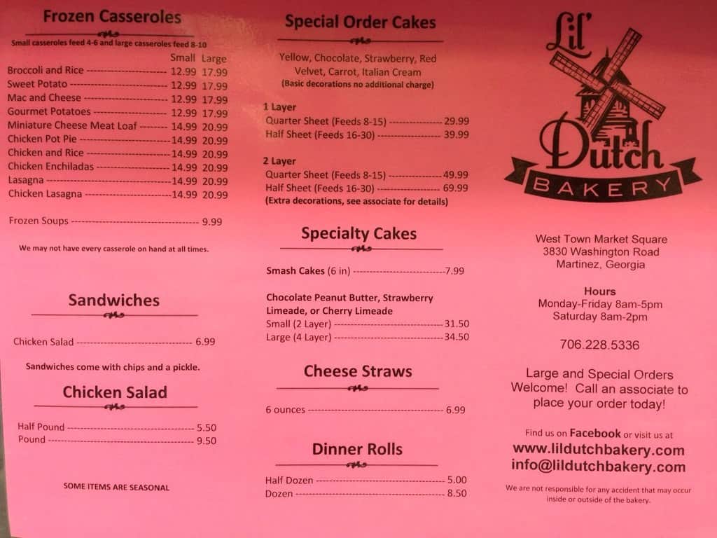 Menu at Lil' Dutch Bakery, Augusta