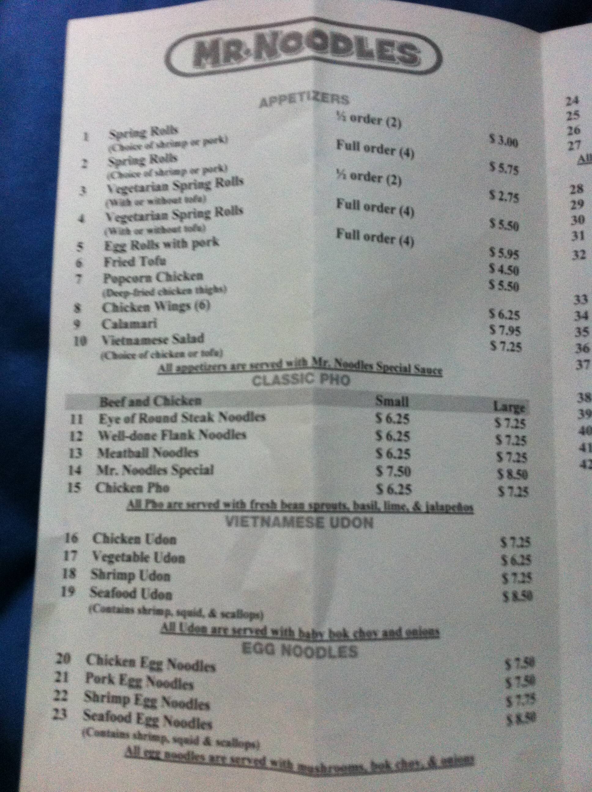 Menu at Mr. Noodles restaurant, Salinas