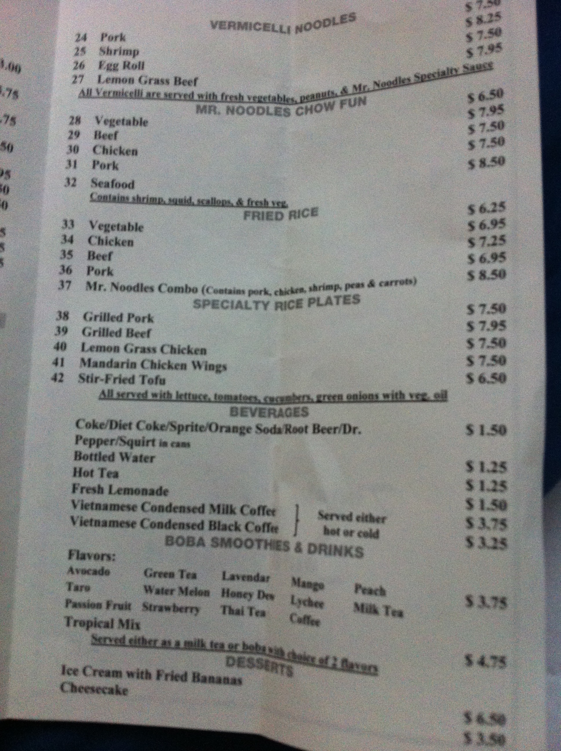 Menu at Mr. Noodles restaurant, Salinas