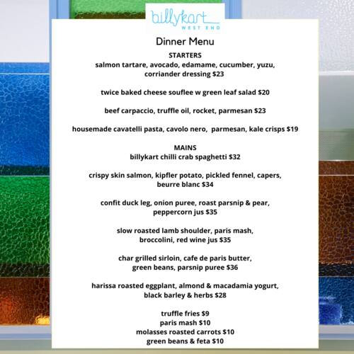 Menu at Billykart West End restaurant, Brisbane City, 2 Edmondstone St
