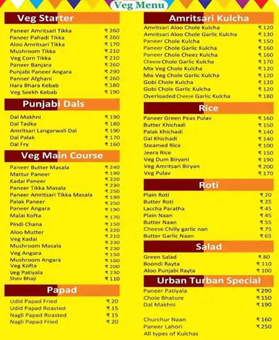 Menu at Urban Turban, Chandigarh