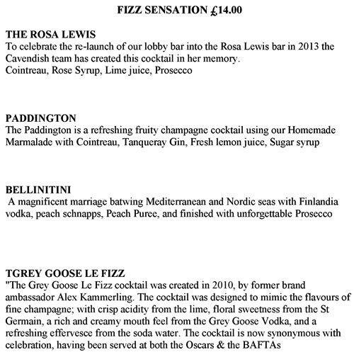 Rosa Lewis Bar menu
