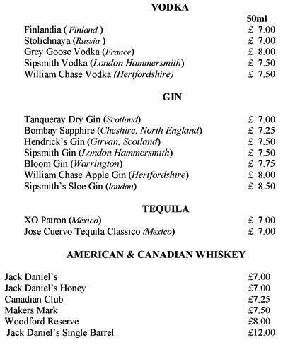 Rosa Lewis Bar menu