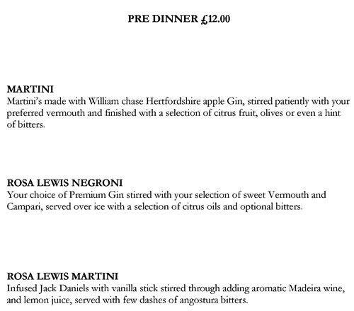 Rosa Lewis Bar menu