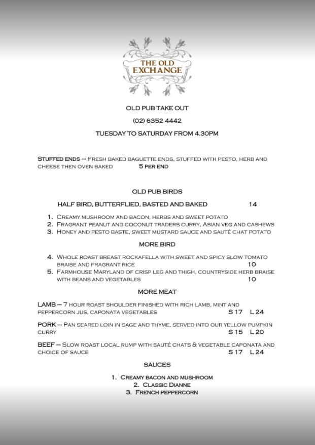 The Old Exchange Menu, Menu for The Old Exchange, Lithgow, Sydney