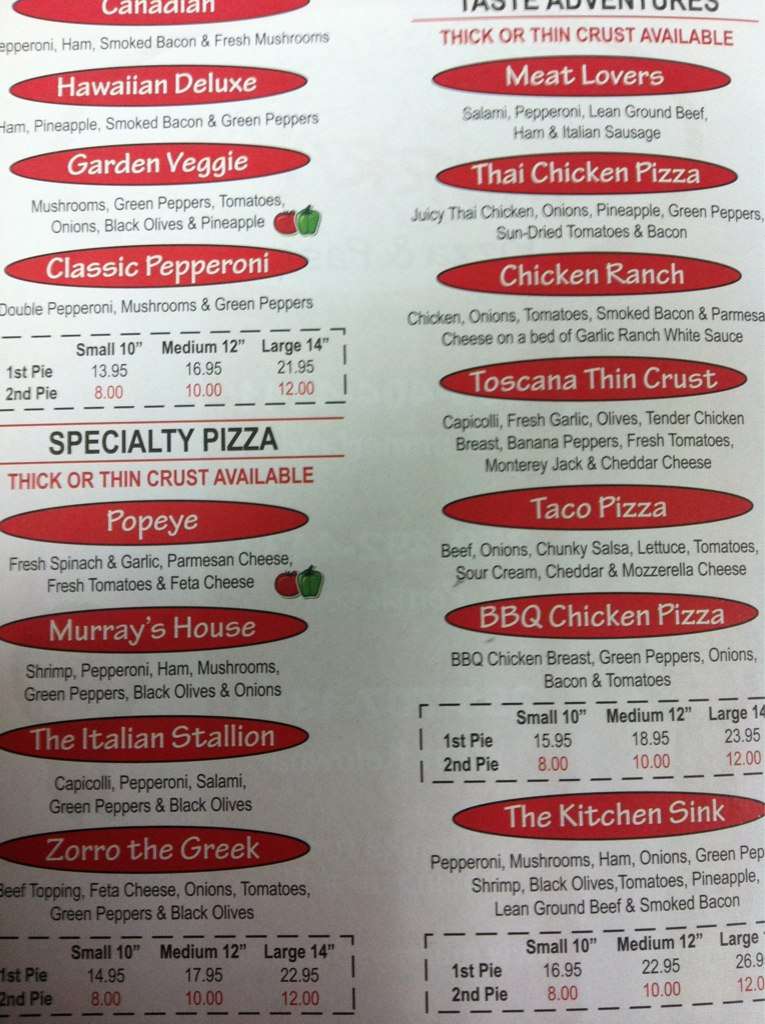 Murray's Pizza Menu, Menu untuk Murray's Pizza, Penticton, Penticton