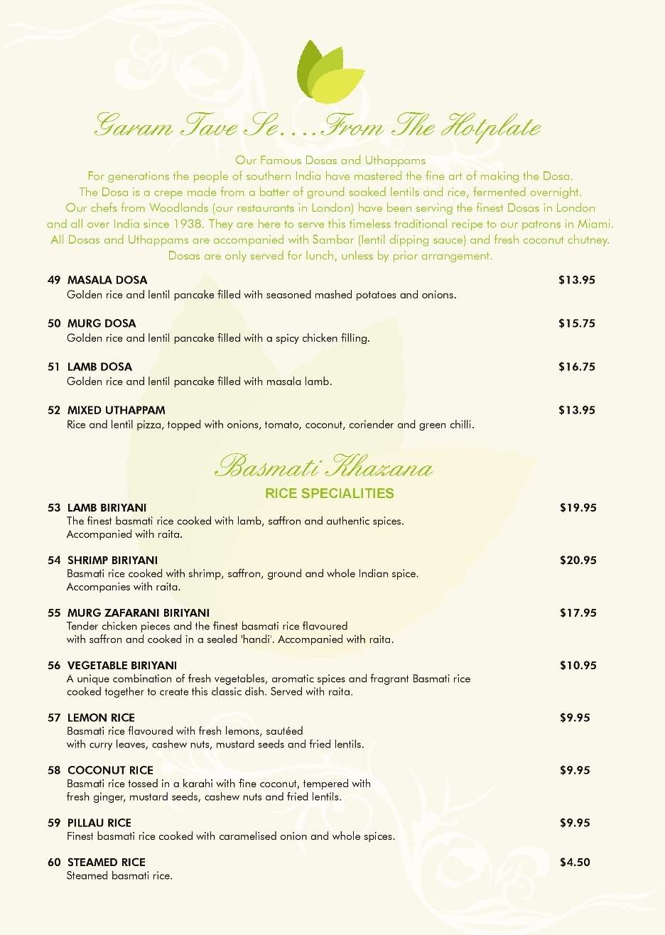 Menu at Mint Leaf restaurant, Coral Gables, 276 Alhambra Cir
