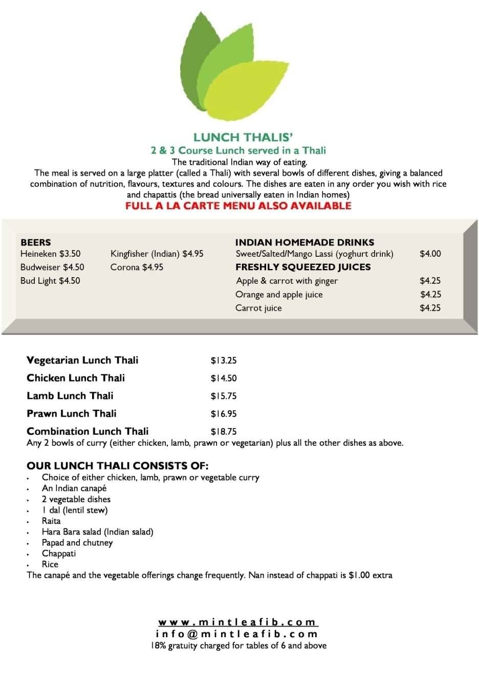 Menu at Mint Leaf restaurant, Coral Gables, 276 Alhambra Cir