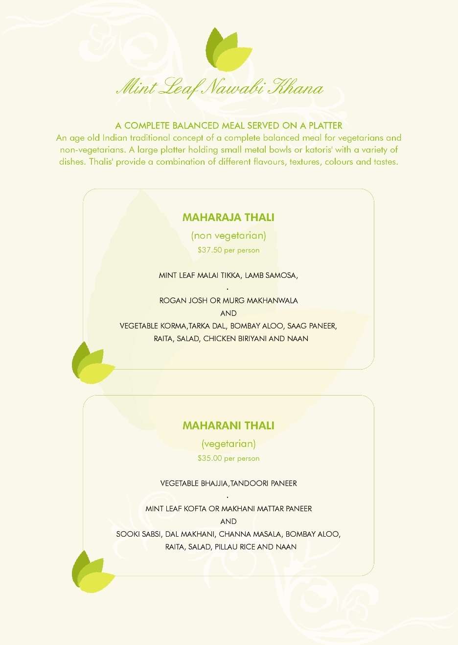 Menu at Mint Leaf restaurant, Coral Gables, 276 Alhambra Cir