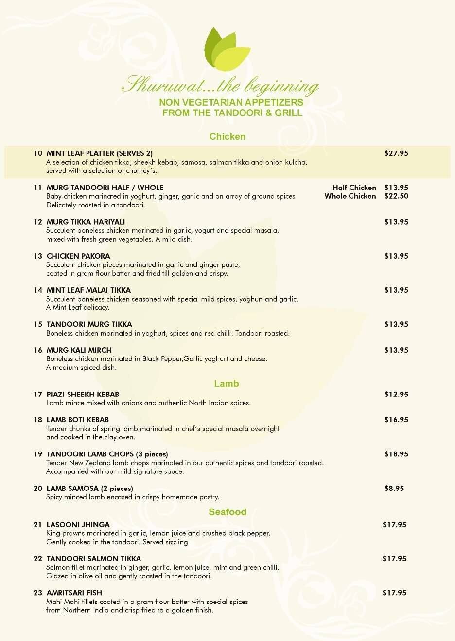 Menu at Mint Leaf restaurant, Coral Gables, 276 Alhambra Cir