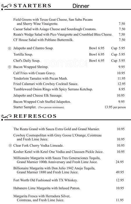 Menu at Reata Restaurant, Fort Worth, 310 Houston St