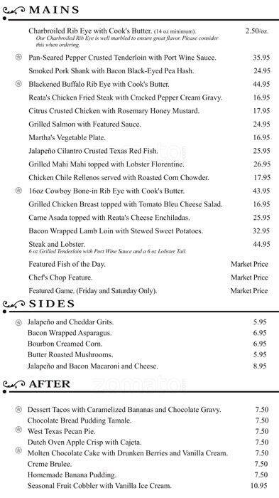 Menu at Reata steakhouse, Fort Worth, 310 Houston St