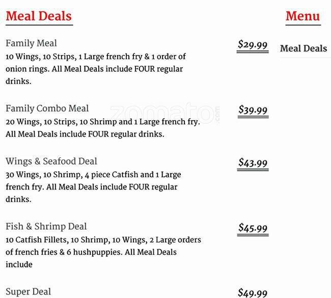 Menu at TJ's Catfish & Wings restaurant, Arlington