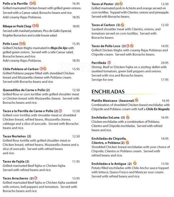 Menu at Soluna restaurant, San Antonio, Broadway 204