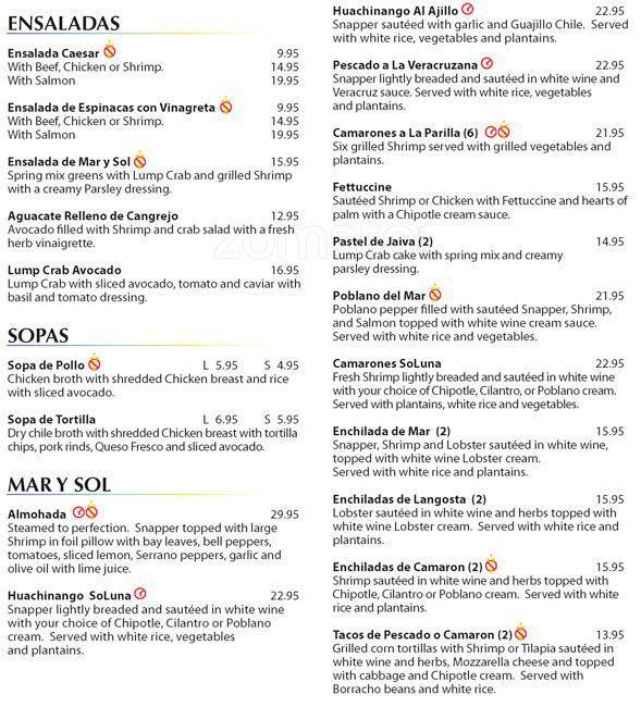 Menu at Soluna restaurant, San Antonio, Broadway #204