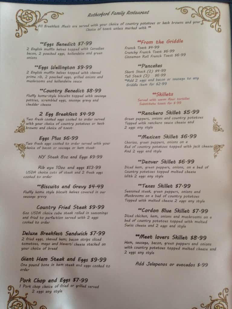 Menu at Rutherford's 66 Family Diner restaurant, Kingman