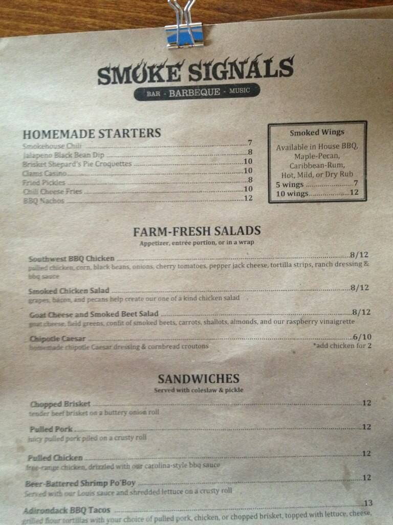 Smoke Signals Menu, Menu for Smoke Signals, Lake Placid, Lake Placid