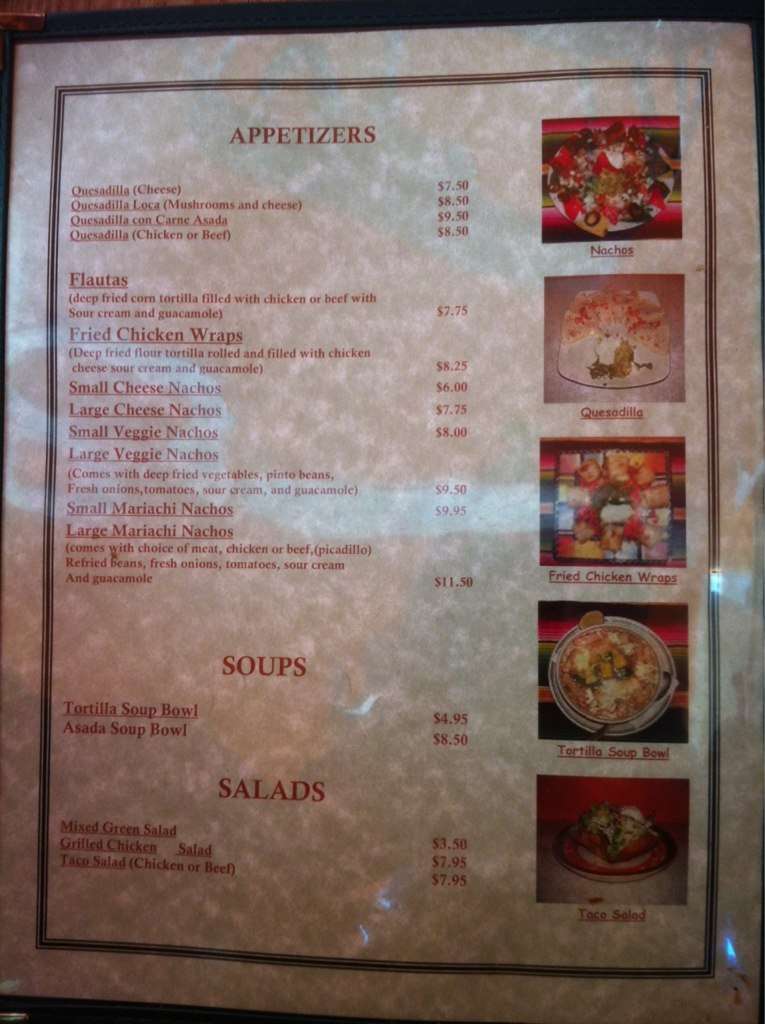 Menu at Mariachi Loco restaurant, Roseburg