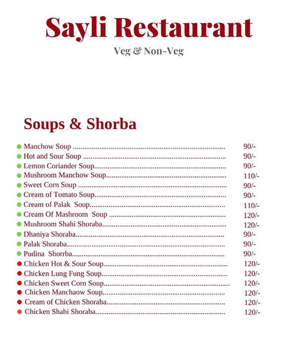 Menu of Sayli Restaurant, Airoli, Navi Mumbai