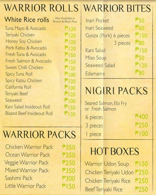 Wasabi Warriors menu, Menu restauracji Wasabi Warriors, Poblacion