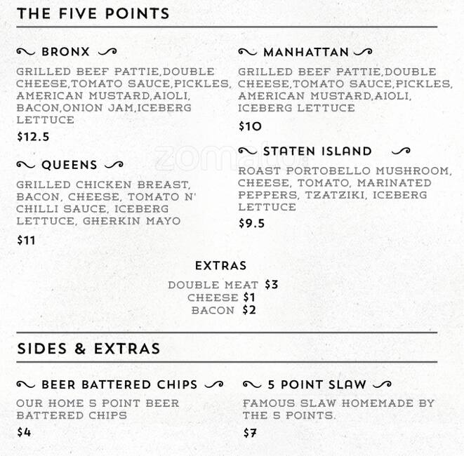 Five Points Burgers Menu, Menu for Five Points Burgers, North Sydney, Sydney Urbanspoon/Zomato