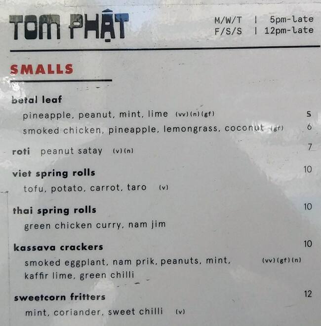 Tom Phat Restaurant меню