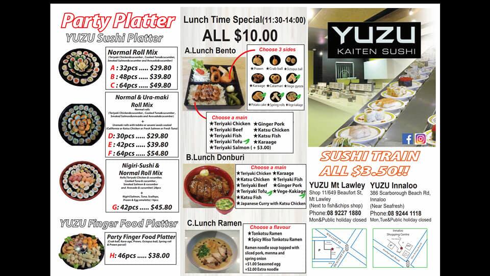 Menu at YUZU Kaiten Sushi restaurant, Mount Lawley