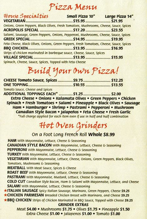 Menu at Acropolis Pizza restaurant, Kirkland