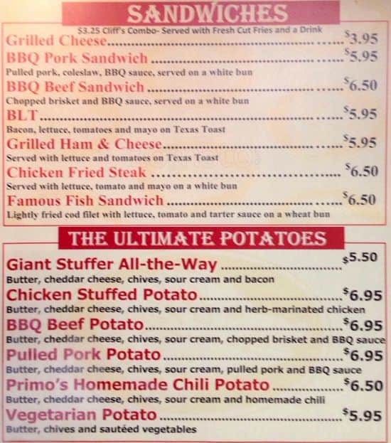 Menu at Cliff's Grill restaurant, Houston