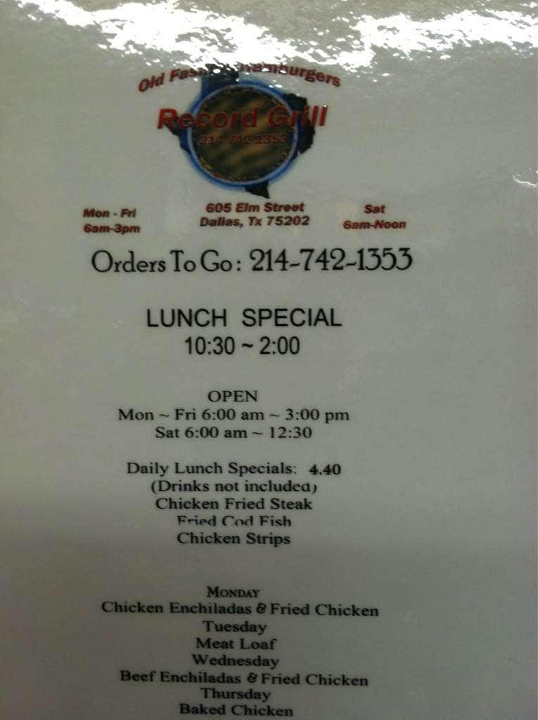 Menu at Record Grill restaurant, Dallas