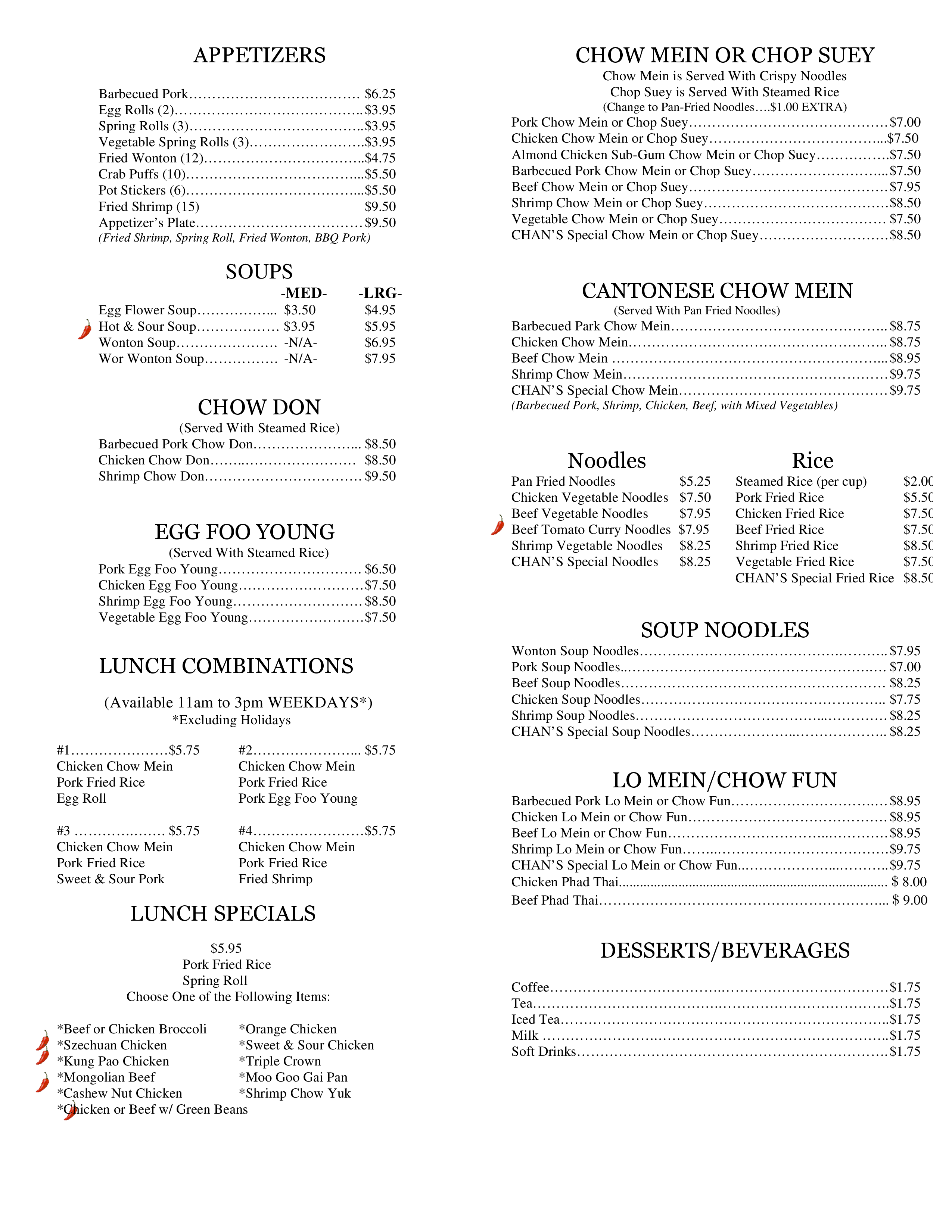 Chan's Garden menu