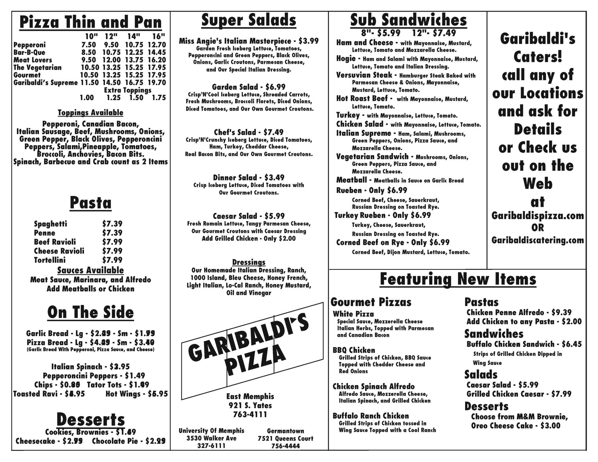 Garibaldi's Pizza Menu, Menu de Garibaldi's Pizza, East Memphis