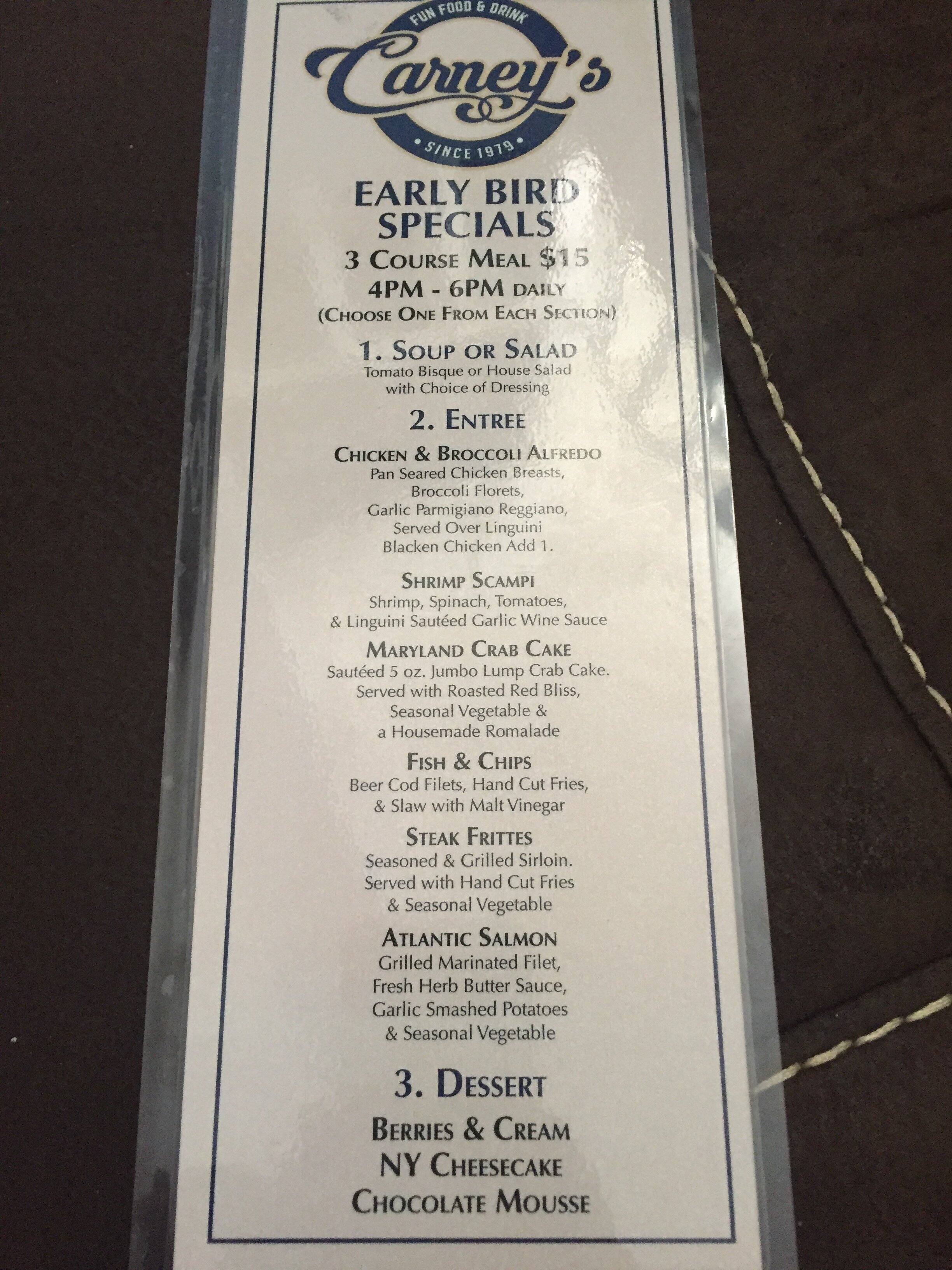 Menu at Carney's restaurant, Cape May