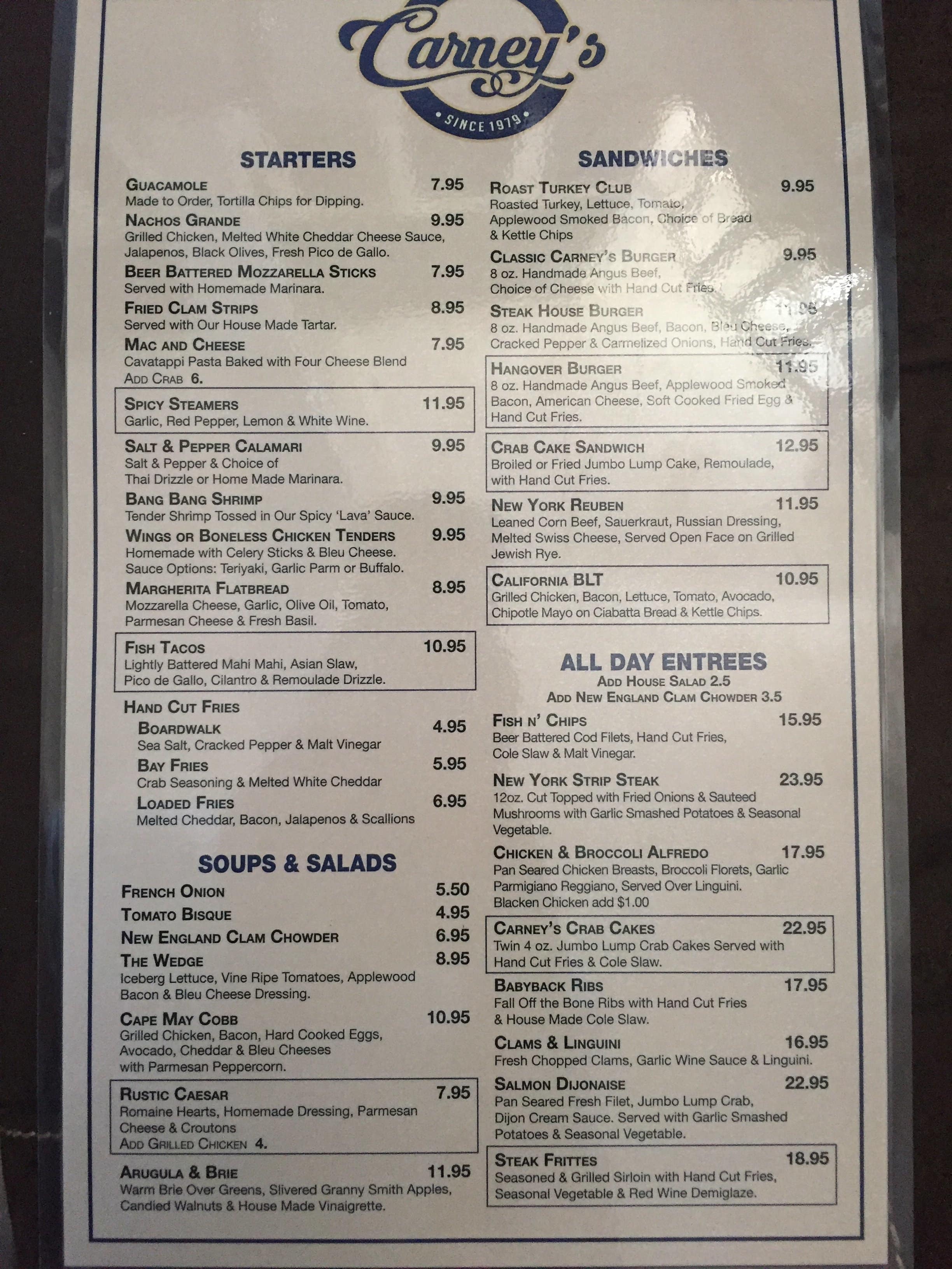 Menu at Carney's restaurant, Cape May