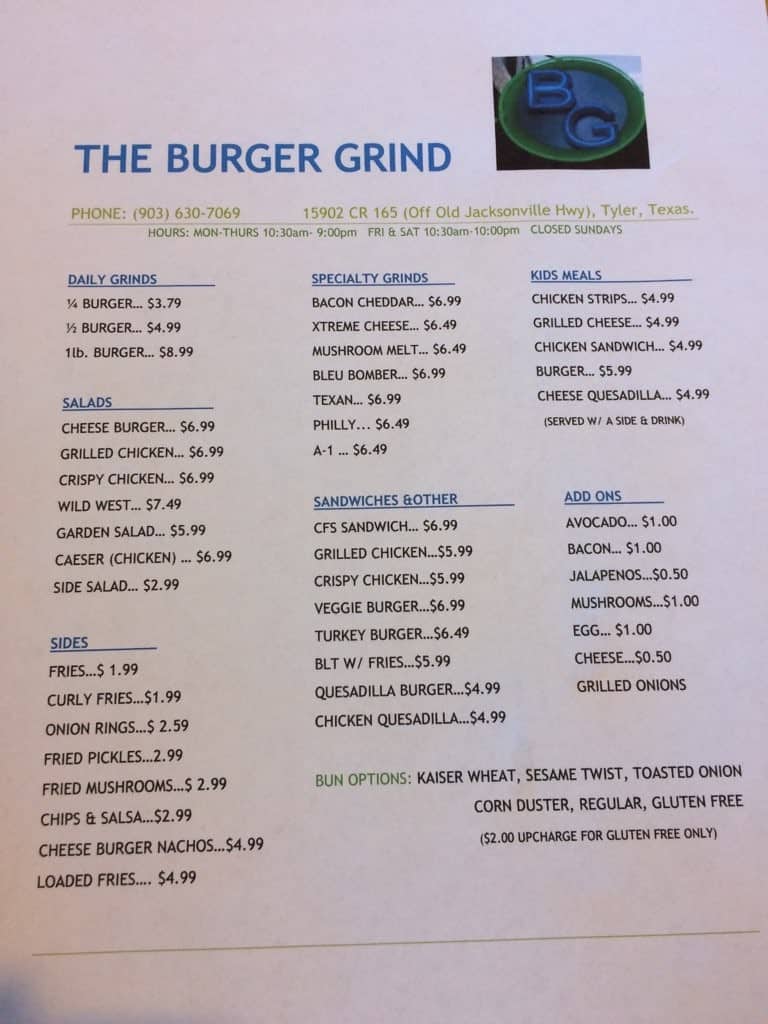 Burger Grind Menu, Menu for Burger Grind, Tyler, Tyler Urbanspoon/Zomato