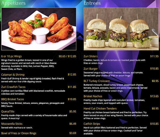 Menu at Zuri Restaurant & Lounge, Arlington
